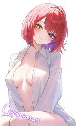 1girl absurdres breasts breasts_apart closed_mouth collared_shirt colored_inner_hair commentary_request commission dress_shirt head_tilt heterochromia highres korean_commentary kurenai_natsuki_(vtuber) long_sleeves looking_at_viewer making-of_available medium_breasts multicolored_hair mumu_muw naked_shirt navel open_clothes open_shirt pointy_ears purple_eyes purple_hair red_hair shirt short_hair simple_background sitting smile solo stardays stomach thighs unbuttoned white_background white_shirt yellow_eyes