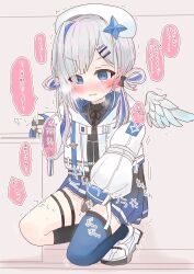 Rule 34 | 1girl, amane kanata, amane kanata (work), anger vein, asymmetrical legwear, beret, between legs, black gloves, black shirt, black socks, blue eyes, blue hair, blue skirt, blue thighhighs, blush, breath, clenched hand, detached wings, ear blush, embarrassed, feathered wings, female focus, flat chest, frilled skirt, frills, full body, gloves, grey hair, hair ornament, hair rings, hairclip, hand between legs, hat, have to pee, highres, hololive, jacket, japanese text, jewelry, kneehighs, long sleeves, looking down, mini wings, miniskirt, mismatched legwear, multicolored hair, necklace, nose blush, open clothes, open jacket, partially fingerless gloves, pleated skirt, reya (reya412), shirt, shoes, sidelocks, single sock, single thighhigh, skirt, socks, solo, speech bubble, squatting, streaked hair, talking, thigh strap, thighhighs, thighs, translation request, trembling, uneven legwear, v-shaped eyebrows, virtual youtuber, white footwear, white hat, white jacket, white wings, wings