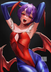 Rule 34 | 1girl, absurdres, animal print, armpits, arms up, bat print, bat wings, blue gloves, blue pantyhose, breasts, collarbone, commentary request, covered navel, diamond cutout, elbow gloves, gloves, hair between eyes, head wings, highres, leotard, lilith aensland, low wings, nanja, open mouth, pantyhose, petite, print pantyhose, purple hair, red eyes, red leotard, short hair, skin tight, skindentation, small breasts, solo, tongue, tongue out, vampire (game), wings