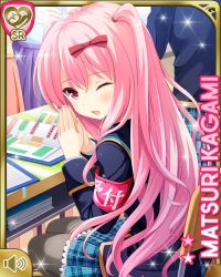 Rule 34 | 3girls, armband, book, bow, bowtie, card (medium), chair, desk, girlfriend (kari), hair ribbon, hands together, indoors, kagami matsuri, long hair, looking at viewer, looking back, multiple girls, official art, one eye closed, open mouth, pantyhose, pink eyes, pink hair, plaid, plaid skirt, pleated skirt, qp:flapper, ribbon, school, school uniform, sitting, skirt, two side up