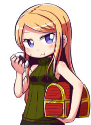 Rule 34 | 1girl, :t, bare arms, bare shoulders, blue eyes, blush, breasts, brown hair, carrying, carrying under arm, closed mouth, commentary request, eating, etrian odyssey, food, food on face, green sweater, holding, holding food, long hair, naga u, onigiri, paladin (sekaiju), parted bangs, ribbed sweater, rice, rice on face, sidelocks, simple background, sleeveless, sleeveless sweater, sleeveless turtleneck, small breasts, solo, sweater, treasure chest, turtleneck, turtleneck sweater, upper body, very long hair, white background