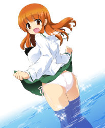 Rule 34 | 10s, 1girl, ass, blush, breasts, clothes lift, covered erect nipples, dutch angle, from behind, girls und panzer, green skirt, large breasts, lifting own clothes, long hair, long sleeves, looking at viewer, looking back, matching hair/eyes, miniskirt, neckerchief, ooarai school uniform, open mouth, orange eyes, orange hair, ouhashi, panties, pleated skirt, school uniform, serafuku, side-tie panties, skirt, skirt lift, smile, solo, sparkle, standing, takebe saori, underwear, wading, water, white background, white panties