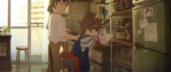 Rule 34 | 1boy, 1girl, animal ears, apron, brown hair, chair, child, dog ears, dog tail, faucet, furry, glasses, indoors, kitchen, nishi (nishiko24), on chair, original, plate, ponytail, refrigerator, short hair, sink, standing, standing on chair, stool, tail, washing