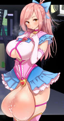 Rule 34 | 1futa, bottomless, breasts, calpish, chastity cage, cleavage cutout, clothing cutout, dress, flat chastity cage, futanari, gigantic testicles, huge testicles, large breasts, looking at viewer, magical girl, orange eyes, pink hair, public indecency, solo, sweat, testicles, thick thighs, thighs