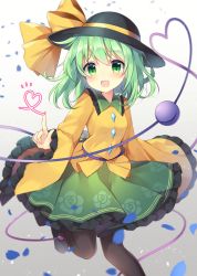 Rule 34 | 1girl, :d, absurdres, black hat, black pantyhose, commentary request, eyeball, gradient background, green eyes, green hair, green skirt, grey background, hat, heart, heart of string, highres, index finger raised, komeiji koishi, long sleeves, looking at viewer, open mouth, pantyhose, petals, ruhika, shirt, short hair, skirt, smile, solo, standing, standing on one leg, third eye, touhou, wide sleeves, yellow shirt