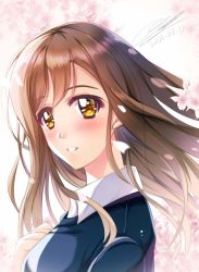 Rule 34 | 1girl, alternate hairstyle, artist name, artist request, blouse, blue sweater, blush, breasts, brown eyes, brown hair, close-up, collared shirt, dated, female focus, floating hair, hair between eyes, hand on own chest, highres, kunikida hanamaru, light brown hair, long hair, long sleeves, looking at viewer, love live!, love live! school idol festival, love live! sunshine!!, medium breasts, parted lips, shirt, shirt under sweater, sideboob, smile, solo, sweater, undershirt, upper body, wavy hair, white shirt, wing collar, yellow eyes