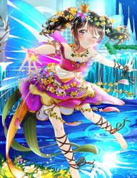 Rule 34 | 1girl, bad id, bad pixiv id, barefoot, black hair, black ribbon, blush, butterfly hair ornament, butterfly wings, collarbone, crown, dress, feet out of frame, floating hair, flower, grin, hair ornament, highres, insect wings, layered dress, long hair, looking at viewer, love live!, love live! school idol project, mini crown, niro (sikabanekurui), off-shoulder dress, off shoulder, one eye closed, outstretched arms, outstretched hand, pink eyes, ribbon, short dress, smile, solo, wings, yazawa nico, yellow flower