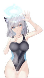 Rule 34 | 1girl, against glass, animal ear fluff, animal ears, bad id, bad pixiv id, black one-piece swimsuit, blue archive, blue eyes, breast press, breasts, breasts on glass, commentary request, competition swimsuit, covered navel, cowboy shot, cross hair ornament, extra ears, grey hair, hair ornament, halo, highres, leone (kamina0205), looking at viewer, low ponytail, medium breasts, medium hair, mismatched pupils, multicolored clothes, multicolored swimsuit, one-piece swimsuit, shiroko (blue archive), shiroko (swimsuit) (blue archive), solo, standing, swimsuit