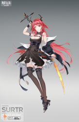 Rule 34 | 1girl, absurdres, arknights, arm up, armband, bare shoulders, black dress, black footwear, black thighhighs, breasts, character name, chinese commentary, cleavage, commentary request, dress, full body, grey background, high heels, highres, holding, holding sword, holding weapon, horns, long hair, long sleeves, looking at viewer, medium breasts, off shoulder, purple eyes, red hair, short dress, simple background, solo, surtr (arknights), sword, thigh strap, thighhighs, very long hair, weapon, wimi