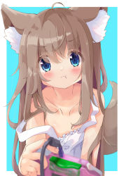 Rule 34 | 1girl, :t, ahoge, animal ear fluff, animal ears, bare arms, bare shoulders, blue background, blue eyes, blurry, blurry foreground, blush, brown hair, cat ears, closed mouth, commentary request, controller, depth of field, dress, game boy advance, game controller, hair between eyes, handheld game console, highres, holding, long hair, looking at viewer, manabe mana, nintendo, original, pout, solo, strap slip, tail, two-tone background, upper body, very long hair, white background, white dress