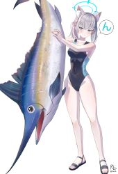Rule 34 | 1girl, absurdres, animal, animal ear fluff, animal ears, artist name, black one-piece swimsuit, blue archive, blue eyes, blue halo, breasts, collarbone, competition swimsuit, covered navel, cross, cross hair ornament, earrings, extra ears, fish, full body, gangbyeon, grey hair, hair ornament, halo, highres, holding, holding animal, holding fish, inverted cross, jewelry, legs, low ponytail, medium breasts, mismatched pupils, official alternate costume, one-piece swimsuit, sandals, shiroko (blue archive), shiroko (swimsuit) (blue archive), sidelocks, simple background, solo, standing, stud earrings, swimsuit, toenails, toes, twitter username, two-tone swimsuit, white background, wolf ears