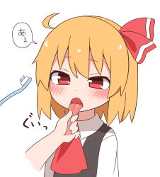 Rule 34 | 1girl, 1other, ahoge, ascot, black vest, blonde hair, blush, disembodied limb, hair ribbon, highres, holding tongue, nihohohi, open mouth, red ascot, red eyes, red ribbon, ribbon, rumia, solo focus, tongue, tongue out, toothbrush, toothpaste, touhou, upper body, vest, wing collar
