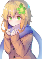 Rule 34 | 1girl, absurdres, blonde hair, blue scarf, blush, cardigan, closed mouth, gabriel dropout, green eyes, highres, long sleeves, looking at viewer, medium hair, scarf, sleeves past wrists, smile, solo, tapris chisaki sugarbell, tenma-gav, upper body