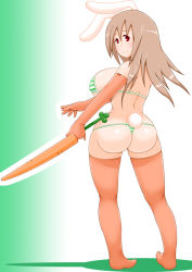 Rule 34 | 1girl, animal ears, ass, bikini, breasts, brown hair, carrot, curvy, elbow gloves, female focus, from behind, gloves, green bikini, huge breasts, long hair, looking back, original, rabbit ears, rabbit girl, rabbit tail, red eyes, solo, standing, striped bikini, striped clothes, swimsuit, tail, thighhighs, weapon, yuma-24