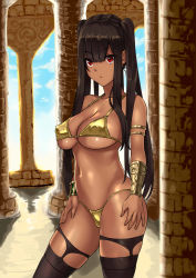 Rule 34 | 1girl, :o, architecture, arm guards, armlet, bare arms, bare shoulders, bikini, black thighhighs, blue sky, blunt bangs, breasts, brown hair, cleavage, cloud, cloudy sky, collarbone, column, commentary request, contrapposto, cowboy shot, dark-skinned female, dark skin, day, eyelashes, fingernails, gold bikini, groin, hand on lap, hand on own thigh, hand on thigh, highres, large breasts, legs apart, long hair, looking at viewer, marubonman, navel, original, outdoors, parted lips, pillar, red eyes, shiny skin, sky, solo, standing, stomach, string bikini, swimsuit, thigh strap, thighhighs, twintails, very long hair