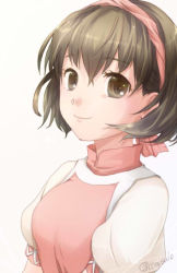 Rule 34 | 1girl, breasts, brown eyes, brown hair, closed mouth, gensou suikoden, gensou suikoden ii, hairband, looking at viewer, medium breasts, nanami (suikoden), shirt, short hair, simple background, smile, solo, white background