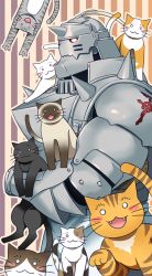 Rule 34 | 1boy, alphonse elric, animal, animal on chest, animal on shoulder, armor, beige background, beige outline, black cat, blush stickers, brown background, brown cat, calico, cat, elbow spikes, fangs, flamel symbol, full armor, fullmetal alchemist, glowing, gradient background, grey background, grey cat, helmet, holding, holding animal, holding cat, loincloth, male focus, no nose, orange background, orange cat, outline, pai (1111), red eyes, shoulder spikes, sideways glance, spiked helmet, spikes, striped, striped background, tail, too many, too many cats, two-tone background, vertical stripes, whiskers, white cat, yellow cat