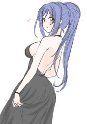 Rule 34 | 1girl, ass, backless dress, backless outfit, bare shoulders, black dress, blue hair, blush, dress, frapowa, long hair, love live!, love live! school idol project, low-cut, matsuura kanan, ponytail, sketch, smile, solo, white background