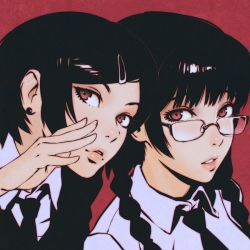 Rule 34 | 2girls, black hair, blouse, braid, character request, collared shirt, copyright request, dress shirt, earrings, glasses, hair ornament, hairclip, hand on own cheek, hand on own face, ilya kuvshinov, jewelry, long hair, looking at viewer, multiple girls, necktie, patterned background, portrait, red background, red eyes, shirt, tagme, twin braids, white shirt