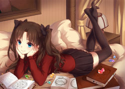 Rule 34 | 1girl, black hair, black thighhighs, blue eyes, book, fate/stay night, fate (series), feet, female focus, fullmetal alchemist, long legs, lying, no shoes, on stomach, open book, reading, skirt, solo, thighhighs, tohsaka rin, twintails, two side up, yezhi na, zettai ryouiki
