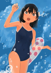 Rule 34 | 1girl, arm up, bird, black eyes, black hair, blue one-piece swimsuit, blue sky, blush, breasts, cloud, collarbone, commentary request, competition school swimsuit, covered navel, day, flock, flower, hair between eyes, hair flower, hair ornament, inami hatoko, innertube, looking at viewer, medium hair, one-piece swimsuit, open mouth, original, school swimsuit, sky, small breasts, solo, spaghetti strap, swim ring, swimsuit, teeth, upper teeth only, water drop