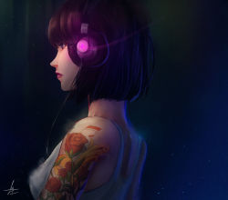 Rule 34 | 1girl, artist name, black hair, breasts, closed mouth, commentary, flower, from side, headphones, highres, looking away, original, short hair, solo, tattoo, trung doan