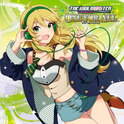 Rule 34 | 1girl, :d, album cover, blonde hair, blue jacket, blue shorts, breasts, cleavage, copyright name, cover, floating hair, green eyes, green hairband, hair between eyes, hairband, headphones, highres, hoshii miki, idolmaster, idolmaster (classic), jacket, leg up, long hair, looking at viewer, medium breasts, midriff, necktie, official art, open clothes, open jacket, open mouth, short necktie, short shorts, shorts, sleeveless, smile, solo, star (symbol), stomach, striped necktie, striped neckwear, very long hair