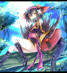 Rule 34 | 1girl, animal, animal ears, bare shoulders, black dress, black hair, blood, blush, bracelet, capcom, choker, dragon girl, dress, fang, fingernails, fish, flat chest, flower, glowing, glowing eye, hair bobbles, hair flower, hair ornament, hairband, in tree, jewelry, leaf, letterboxed, long fingernails, monster hunter (series), mouth hold, multicolored eyes, nargacuga, orange eyes, outdoors, personification, red eyes, sash, short dress, short hair, sitting, sitting in tree, solo, tree, umitsuki