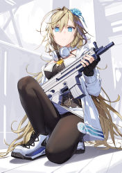 Rule 34 | 1girl, assault rifle, black gloves, black shirt, blue eyes, blue flower, blue rose, borrowed character, breasts, brown hair, brown pantyhose, closed mouth, commentary request, commission, copyright request, fingerless gloves, flower, fn scar, full body, gloves, gun, hair between eyes, hair flower, hair ornament, headphones, headphones around neck, highres, holding, holding gun, holding weapon, jacket, kitada mo, long hair, long sleeves, looking at viewer, medium breasts, on one knee, open clothes, open jacket, pantyhose, rifle, rose, shirt, shoes, skirt, solo, very long hair, weapon, white footwear, white jacket, white skirt