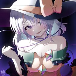 Rule 34 | 1girl, bare shoulders, black background, black hat, bow, breasts, cleavage, gradient background, hat, hat bow, highres, komeiji koishi, large breasts, looking at viewer, open mouth, polyhedron2, purple background, short hair, signature, smile, solo, third eye, touhou, upper body, white eyes, white hair, yellow bow
