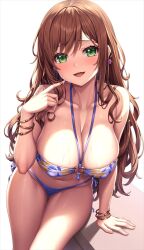 Rule 34 | 1girl, alternate hairstyle, arm support, bang dream!, bare shoulders, bikini, bracelet, breasts, cameltoe, cleavage, collarbone, commentary, covered erect nipples, earrings, gluteal fold, green eyes, twirling hair, imai lisa, jewelry, lambda (kusowarota), large breasts, light brown hair, long hair, looking at viewer, navel, o-ring, o-ring bikini, o-ring top, open mouth, purple bikini, side-tie bikini bottom, simple background, solo, swimsuit, thigh gap, thighs, wet, white background