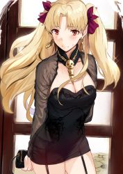 Rule 34 | 1girl, arms behind back, bag, between breasts, black dress, blonde hair, blush, bow, breasts, brown eyes, cleavage, closed mouth, commentary request, detached collar, detached sleeves, dress, earrings, ereshkigal (fate), fate/grand order, fate (series), garter belt, garter straps, hair bow, handbag, hews, highres, jewelry, large breasts, long hair, necklace, parted bangs, see-through, skull necklace, sweatdrop, thighhighs, thighs, twintails, two side up