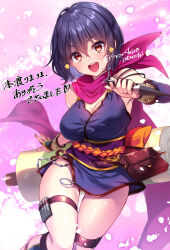 Rule 34 | 1girl, :d, armpits, bag, bare shoulders, black hair, blue dress, breasts, commission, detached sleeves, dress, gluteal fold, hair ornament, handbag, highres, holding, japanese clothes, kunai, large breasts, long sleeves, ninja, no panties, obi, open mouth, original, red eyes, reverse grip, sash, scarf, scroll, short dress, short hair, side slit, skeb commission, sleeveless, sleeveless dress, smile, solo, suzushiro atsushi, thigh strap, thighs, weapon, x hair ornament