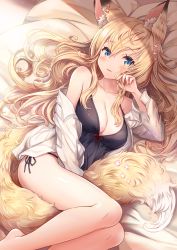 Rule 34 | 1girl, animal ear fluff, animal ears, barefoot, bed sheet, between legs, black camisole, black panties, blonde hair, blue eyes, blush, breasts, camisole, cleavage, commentary request, flower, fox ears, fox girl, fox tail, hair between eyes, hair flower, hair ornament, hand up, highres, long hair, long sleeves, looking at viewer, lying, medium breasts, off shoulder, on side, open clothes, open shirt, original, panties, parted lips, pink flower, red ribbon, ribbon, ribbon trim, sakura ani, shirt, side-tie panties, solo, tail, tail between legs, underwear, very long hair, white shirt