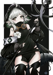 Rule 34 | 1girl, absurdres, ahoge, arknights, black footwear, black sleeves, black thighhighs, black tunic, breasts, covered mouth, cowboy shot, crocodilian tail, detached sleeves, flower, gloves, goggles, goggles around neck, grey gloves, grey hair, highres, holding, holding staff, hood, hood up, kongmo metatron, looking at viewer, partially fingerless gloves, short hair, small breasts, solo, staff, tail, thighhighs, thighs, tomimi (arknights), torn clothes, torn thighhighs, white flower, yellow eyes