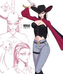 Rule 34 | 1girl, absurdres, belt, black hair, boots, breasts, cape, cleavage cutout, clothing cutout, cross, denim, dracule mihawk, envi2hands, evil smile, feathers, female focus, genderswap, genderswap (mtf), ghost, goth fashion, hat, highres, jacket, jeans, large breasts, lipstick, long hair, looking at viewer, makeup, midriff, monkey, navel, no shirt, one piece, orange eyes, pants, serious, smile, solo, sword, thick thighs, thighs, threatening, weapon, wind, yellow eyes