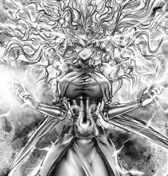 Rule 34 | 1girl, breasts, commentary, commentary typo, dress, electricity, english commentary, floating hair, glasses, greyscale, hands up, large breasts, long hair, looking at viewer, monochrome, narrow waist, one-punch man, psychos (one-punch man), psykos, smile, solo, telekinesis, the golden smurf, underbust