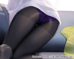 Rule 34 | 1girl, ass, ass focus, black pantyhose, commentary request, couch, gin00, gusset, highres, idolmaster, idolmaster shiny colors, kneeling, lower body, morino rinze, no shoes, on couch, panties, panties under pantyhose, pantyhose, purple panties, shirt, solo, thigh gap, thighs, underwear, watermark, web address, white shirt