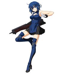 Rule 34 | 1girl, 3d, bare arms, bare shoulders, black skirt, blue collar, blue dress, blue eyes, blue footwear, blue hair, blue pupils, boots, breasts, ciel (tsukihime), cleavage cutout, closed mouth, clothing cutout, collar, collared dress, dress, full body, game cg, glove cuffs, gloves, gun, hair between eyes, high heel boots, high heels, highres, holding, holding gun, holding weapon, huge weapon, large breasts, looking at viewer, melty blood, melty blood: type lumina, miniskirt, non-web source, official art, pleated skirt, powered ciel, serious, seventh holy scripture, short hair, skirt, sleeveless, sleeveless dress, solo, takeuchi takashi, thigh boots, tsukihime, tsukihime (remake), two-tone footwear, two-tone gloves, type-moon, weapon, white gloves