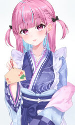 1girl absurdres blue_kimono colored_inner_hair frills hazumi071005 highres hololive japanese_clothes kimono long_hair looking_at_viewer minato_aqua minato_aqua_(new_year) multicolored_hair official_alternate_costume open_mouth purple_eyes smile solo two-tone_hair virtual_youtuber white_background