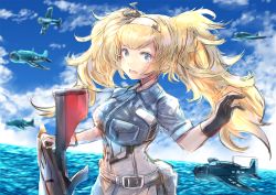 Rule 34 | 1girl, aircraft, airplane, bad id, bad pixiv id, belt, blonde hair, blue eyes, blue shirt, blue sky, blush, breast pocket, breasts, buckle, cloud, collared shirt, commentary, day, flight deck, gambier bay (kancolle), gloves, hair between eyes, hairband, hand up, headgear, kantai collection, large breasts, long hair, messy hair, mg42cat-k1ng, ocean, open mouth, outdoors, pocket, shirt, short sleeves, sidelocks, sky, smile, solo, twintails, water
