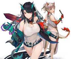 Rule 34 | 2girls, absurdres, arknights, armpit crease, bare shoulders, beads, black hair, bracelet, breasts, cleavage, cleavage cutout, clothing cutout, colored skin, detached sleeves, dragon girl, dragon horns, dragon tail, dusk (arknights), earrings, eyeshadow, folded fan, folding fan, green hair, green horns, green skin, grey hair, hair ornament, hairpin, hand fan, high heels, highres, holding, holding fan, holding sword, holding weapon, horns, jewelry, lan xiezi, long hair, looking back, makeup, medium hair, multicolored hair, multiple girls, nian (arknights), official alternate costume, paper fan, parted lips, pointy ears, prayer beads, purple eyes, red eyeshadow, red hair, red neckwear, red skin, reverse grip, signature, simple background, standing, streaked hair, sword, tail, tongue, tongue out, torn, torn clothes, turtleneck, weapon, white footwear