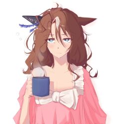 Rule 34 | 1girl, absurdres, ahoge, aikoiito, alternate costume, alternate hairstyle, animal ears, blue eyes, bow, breasts, brown hair, cleavage, closed mouth, collarbone, commentary request, cup, ear covers, ears down, hair between eyes, highres, holding, holding cup, horse ears, horse girl, long hair, long sleeves, looking at viewer, mug, multicolored hair, simple background, single ear cover, solo, sounds of earth (umamusume), streaked hair, umamusume, upper body, white background