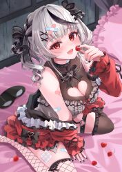 1girl bare_shoulders breasts cleavage grey_hair hololive multicolored_hair null_maru open_mouth red_eyes sakamata_chloe short_hair sitting smile solo streaked_hair virtual_youtuber