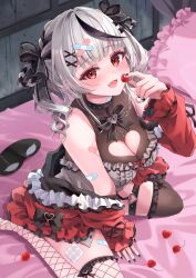 Rule 34 | 1girl, absurdres, bare shoulders, breasts, cleavage, grey hair, highres, hololive, multicolored hair, null maru, open mouth, red eyes, sakamata chloe, short hair, sitting, smile, solo, streaked hair, virtual youtuber