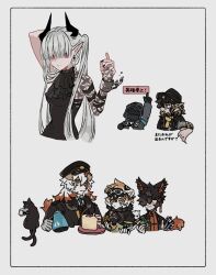 Rule 34 | 2girls, 4boys, aak (arknights), animal ear piercing, animal ears, arknights, ascot, black ascot, black coat, black dress, black hat, black horns, black nails, cat, cat ears, chained sarkaz girl, chinese clothes, coat, cropped torso, cuffs, doctor (arknights), dog ears, dragon boy, dress, earrings, goggles, goggles on head, grey background, grey hair, hair over one eye, hat, horns, hung (arknights), jewelry, lee (arknights), multiple boys, multiple girls, pointy ears, ponytail, red eyes, shackles, sirakaro, slit pupils, smile, tail, teapot, tiger girl, translation request, vial, waai fu (arknights)