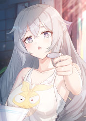 Rule 34 | 1girl, absurdres, apron, bare arms, bare shoulders, blurry, blurry background, bowl, bronya zaychik, bronya zaychik (silverwing: n-ex), caisena, character print, commentary request, curtains, depth of field, grey eyes, grey hair, hair between eyes, highres, holding, holding spoon, homu (honkai impact), honkai (series), honkai impact 3rd, indoors, long hair, looking at viewer, open mouth, solo, spoon, tank top, tile wall, tiles, upper body, very long hair, white apron, white tank top