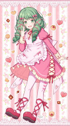 Rule 34 | 1girl, :d, apron, checkerboard cookie, commentary request, cookie, dress, fire emblem, fire emblem: three houses, flayn (fire emblem), food, frilled apron, frills, full body, green eyes, green hair, hand up, heart, highres, juliet sleeves, long sleeves, looking at viewer, nail polish, nintendo, open mouth, pantyhose, pink apron, pink dress, pink lips, puffy sleeves, red footwear, red nails, sakura tsubame, shoes, smile, solo