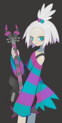 Rule 34 | 1girl, absurdres, bare shoulders, bass guitar, blue eyes, closed mouth, creatures (company), dress, eyelashes, fingernails, freckles, game freak, grey background, guitar, hair bobbles, hair ornament, highres, holding, holding instrument, htn nm, instrument, long sleeves, nintendo, off shoulder, pokemon, pokemon bw2, roxie (pokemon), short hair, simple background, sleeves past fingers, sleeves past wrists, smile, solo, standing, striped clothes, striped dress, topknot, v-shaped eyebrows, white hair