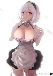 Rule 34 | 1girl, anchor choker, apron, azur lane, bad id, bad pixiv id, breasts, choker, cleavage, clothes pull, collarbone, dress pull, finger to mouth, frilled apron, frilled choker, frills, hair between eyes, hairband, head tilt, highres, lace-trimmed hairband, lace trim, large breasts, long hair, looking at viewer, maid apron, parted lips, puffy short sleeves, puffy sleeves, pulling own clothes, red eyes, red ribbon, ribbon, ribbon-trimmed legwear, ribbon trim, short hair, short sleeves, simple background, sirius (azur lane), solo, standing, teeth, thighhighs, twitter username, unimon e, waist apron, white apron, white background, white hair, white thighhighs
